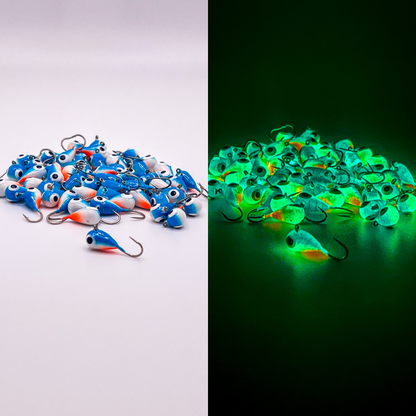 Limited-Run Glow Tungsten Ice Jigs in Blue/orange 5mm by Panfish Slayers